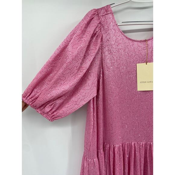 Stine Goya Amelia Dusty Pink Sequin Babydoll Puff Sleeve Midi Dress Size S NWT - Picture 5 of 7